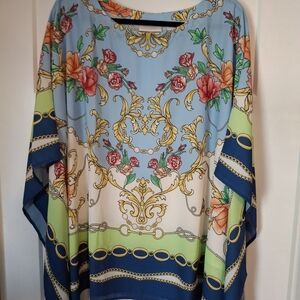 Border Print (Twilight Blue) Blouse By Kim Gravel XL With Side Seams Poncho Yop